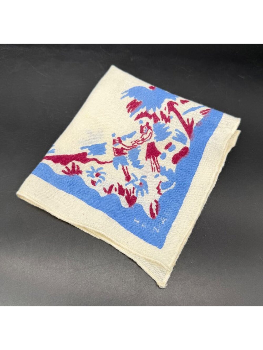 Vintage Hawaii Handkerchief Mid Century Cotton Hankie Blue Maroon Hula Palm Tree
